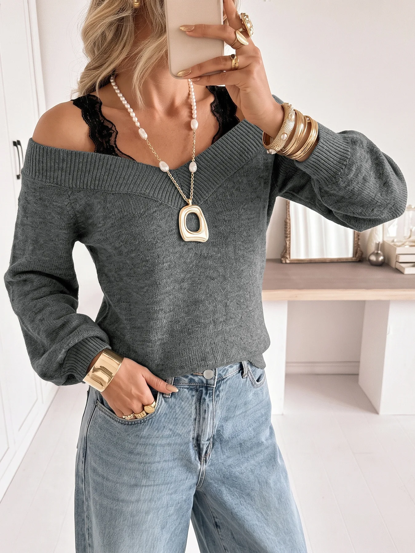 2026 Elegant Off Shoulder V Neck Knit Sweater Women Soft Loose Long Sleeve Knitted Pullover Fashion Casual Daily Basic Knit Top