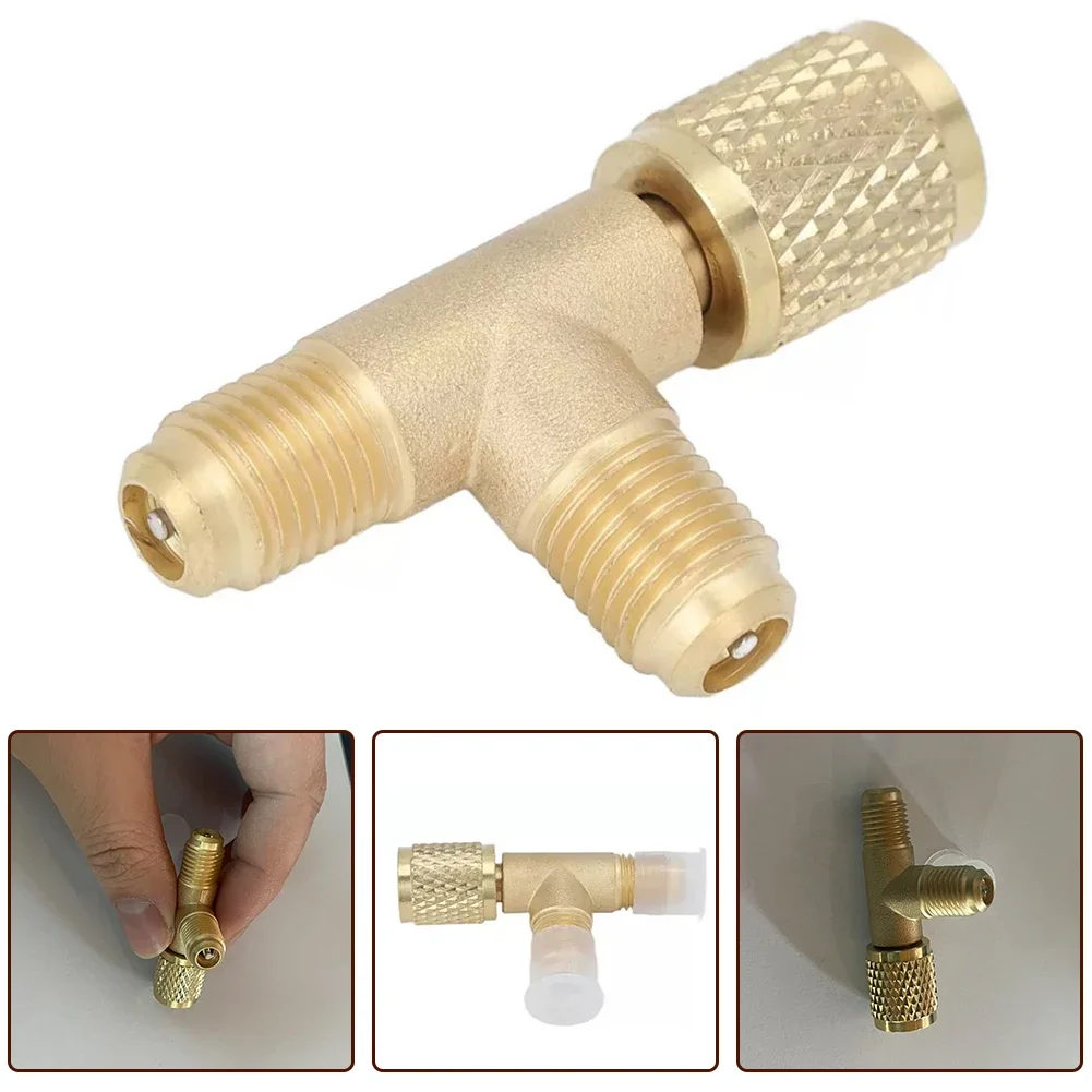 

1pc Car Quick Coupler Tee Adapter Valve Core 1/4in SAE For R22 R12 R134 Brass Air-Conditioning Quick-Connector T-shaped Adapter