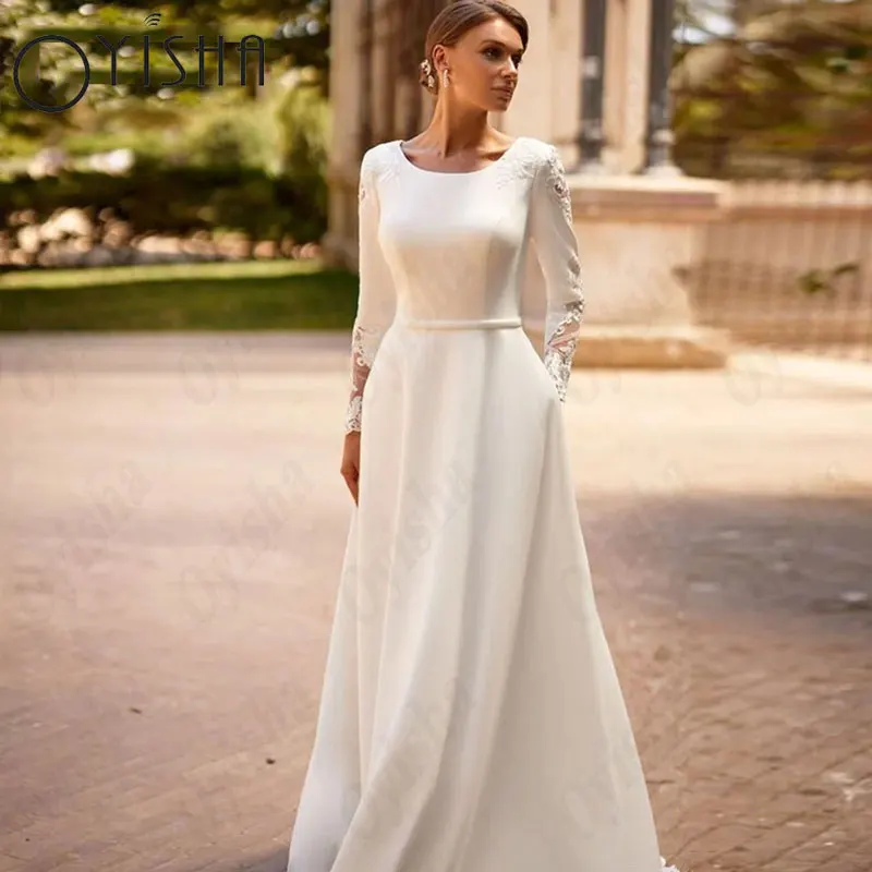 OYISHA A-Line Satin Muslim Wedding Dresses Scoop Full Sleeves Appliques Exquisite Bridal Gowns For Woman Gorgeous Robe De Mariée