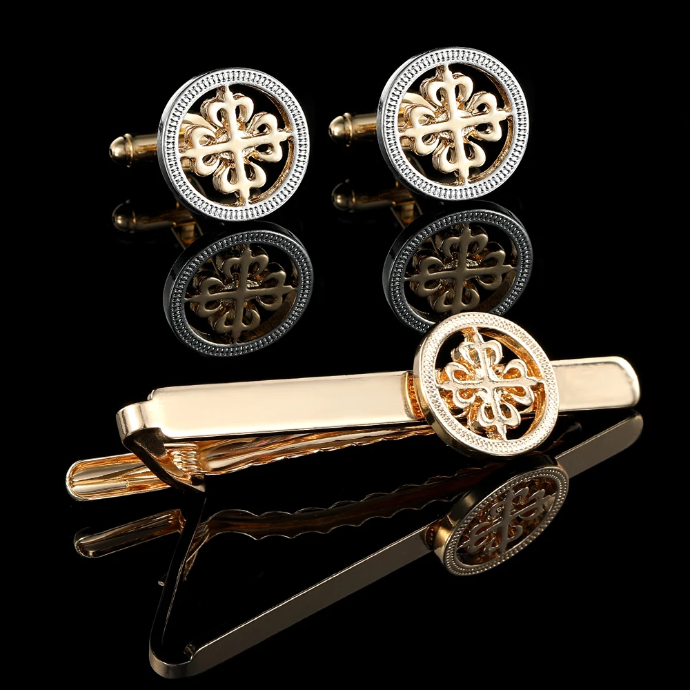 Funny 2 Tones Hollow Out Flower Design Round Cufflinks&Tie Clip Set Golden Mens Formal Party Jewelry Accessories