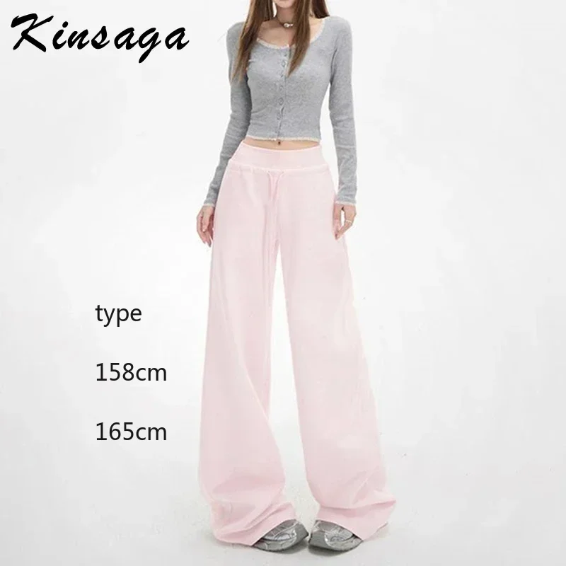 

90'S Tall Girl Wide Elastic Drawing Waist Y2K Pink Flare Pant Wide Leg Extra Long Korean Style Trousers Joggers Women Sweatpants