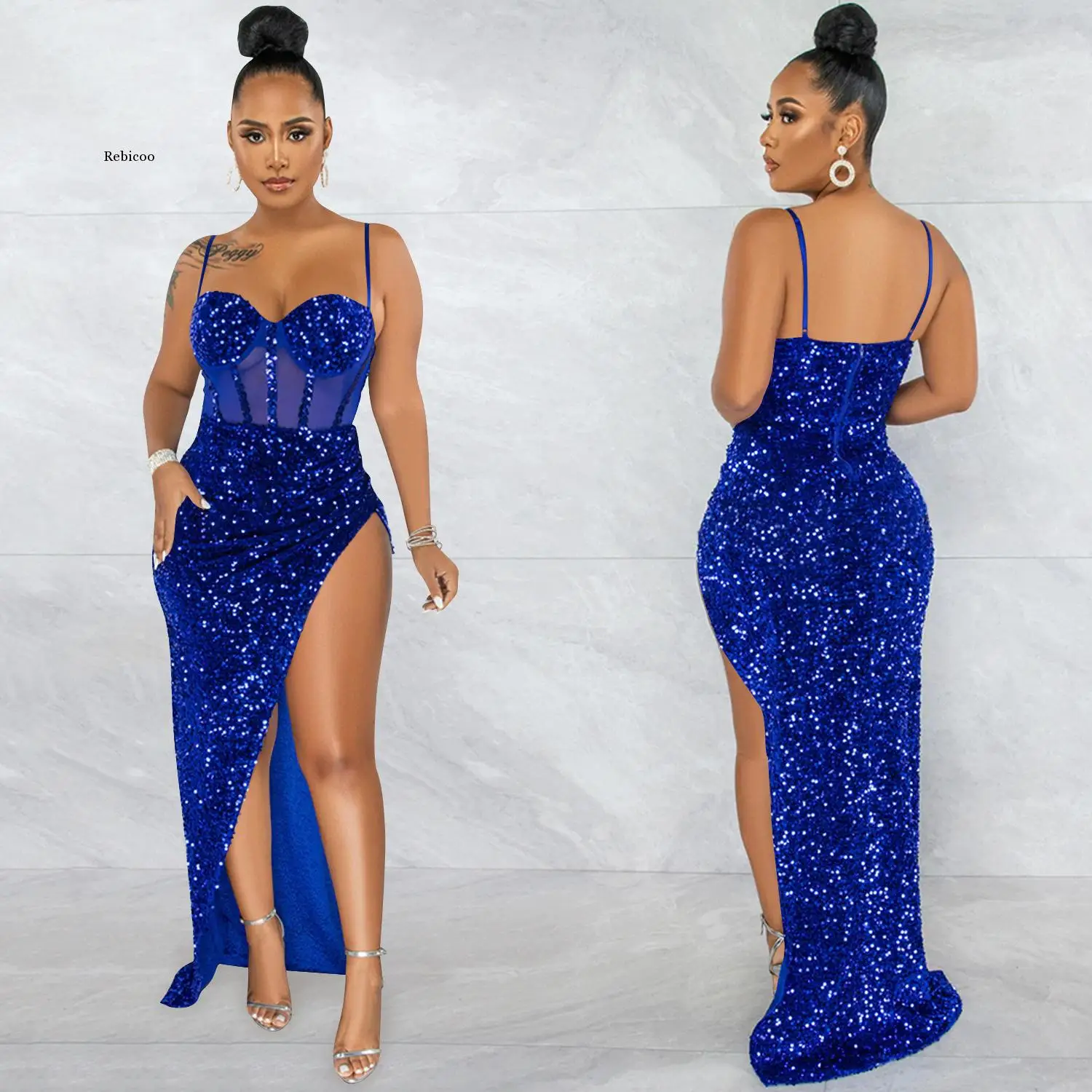 

Sexy Irregular Maxi Long Dresses Women 2022 Summer Club Party Glitter Sequined Vestios See Through Mesh Bodycon Robe Femme