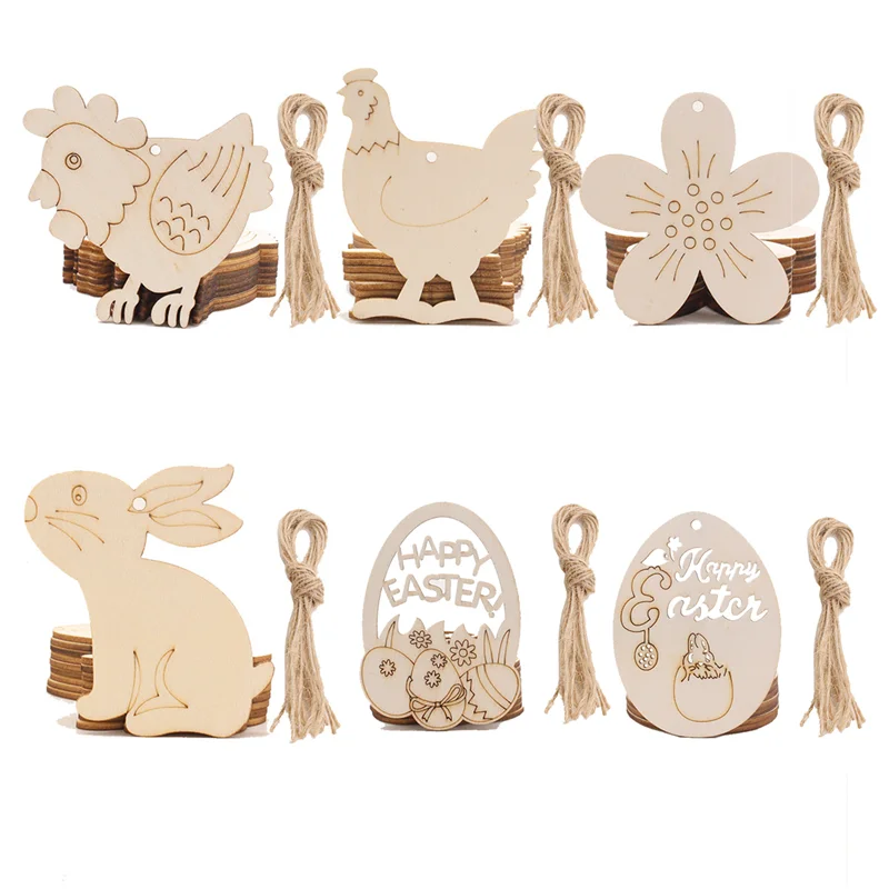 60 PCS Easter Home Decoration Wooden r Bunny Wooden Chips Rabbit Egg Wood Crafts Hanging Pendants Happy Easter Party Home Decora