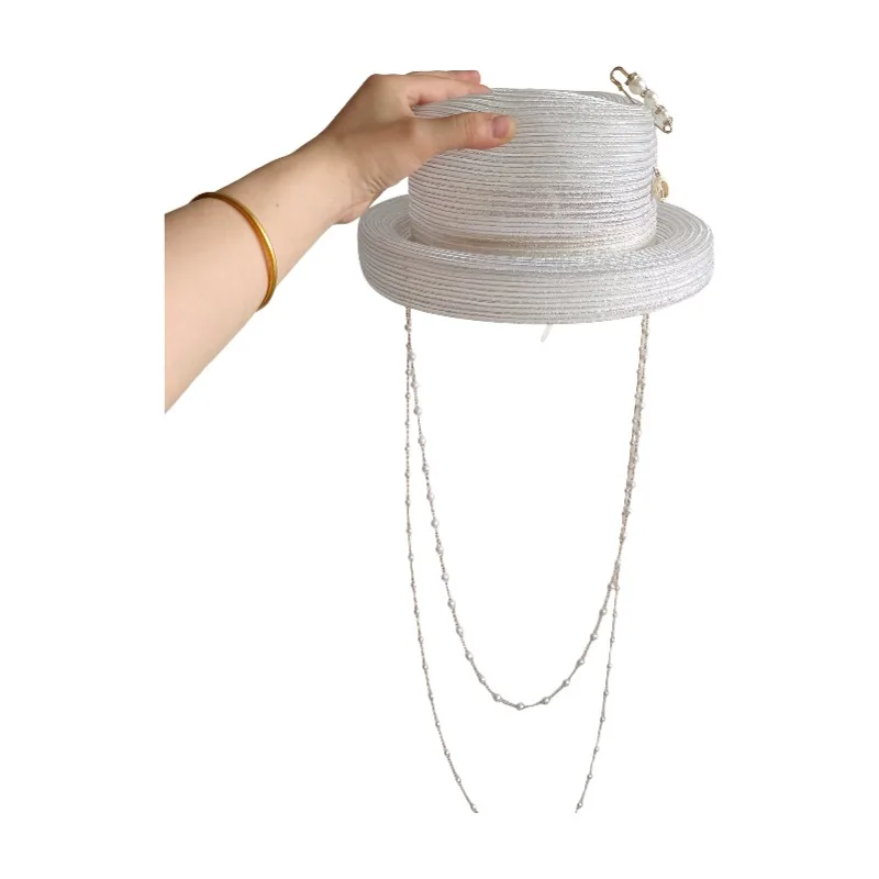 DIY Summer Straw Hat Hepburn Style Silver Thread Hat Clearance Stock