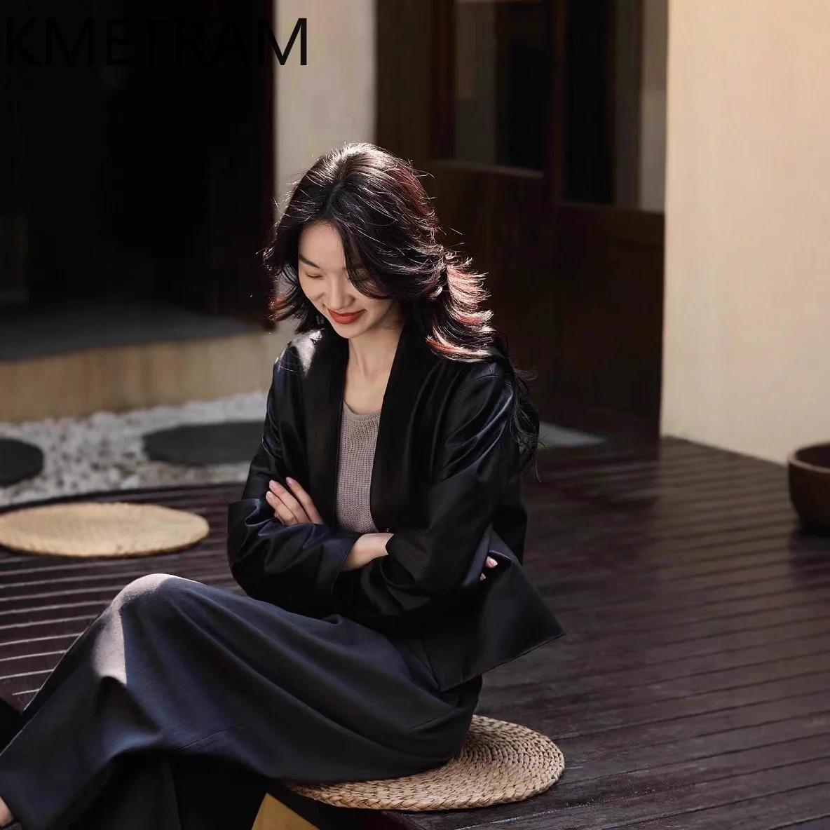 KMETRAM Genuine Sheepskin Leather Jacket Woman V-Neck Vegetable-Tanned Real Leather Jackets Stylish Coat Women Clothes 2026 가죽자켓
