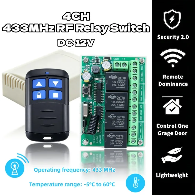 433 MHz Universal Remote Control DC 12V 4CH Wireless Relay RF Remote Control Switch Receiver+ 4 Button Transmitter DIY
