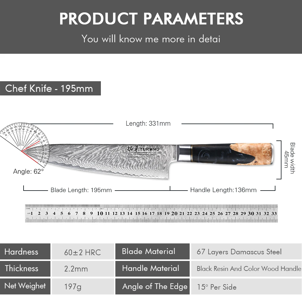 Imagem -06 - Turwho-faca de Aço Damasco Polegadas Vg10 67 Camadas Aço Japonês Cutelo Fatiamento Duradouro Alça de Resina