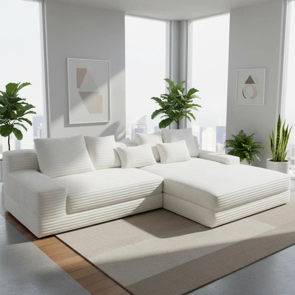 #White Jumbo Corduroy Modular L Shape Sectional Sofa Oversized Chaise Lounge Couch with Throw Pillows for Living Room