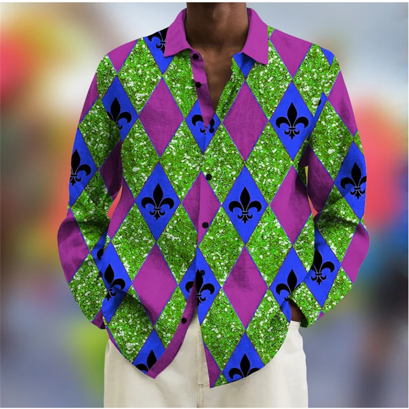 New Diamond Abstract Men's Shirt HD Pattern 3D Printed Lapel Single Breasted Long Sleeve Shirt Oversize Holiday Party Shirt