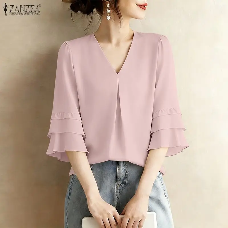 

2026 Summer Elegant 3/4 Ruffled Sleeve Work Shirt ZANZEA Office Women Blouse Stylish Casual V Neck Holiday Tops Solid Blusas