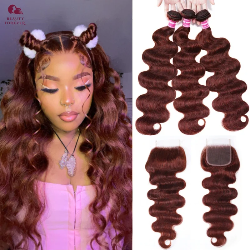 Grade 12A Colored Human Hair Bundles With Closure Reddish Brown Brazilian Body Wave 3 Bundles With 4x4 Lace Closure For Women