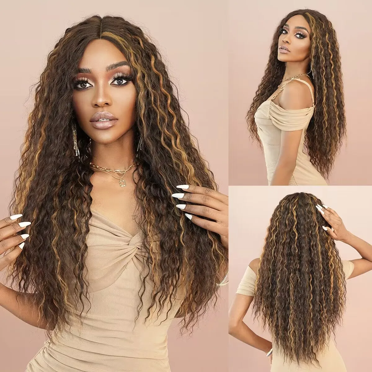 Highlight Piano 4/27 New Women's Long Wig Middle Part Water Wave Carbon Fiber Synthetic Hair Wig For Daily Use Heat Resistant