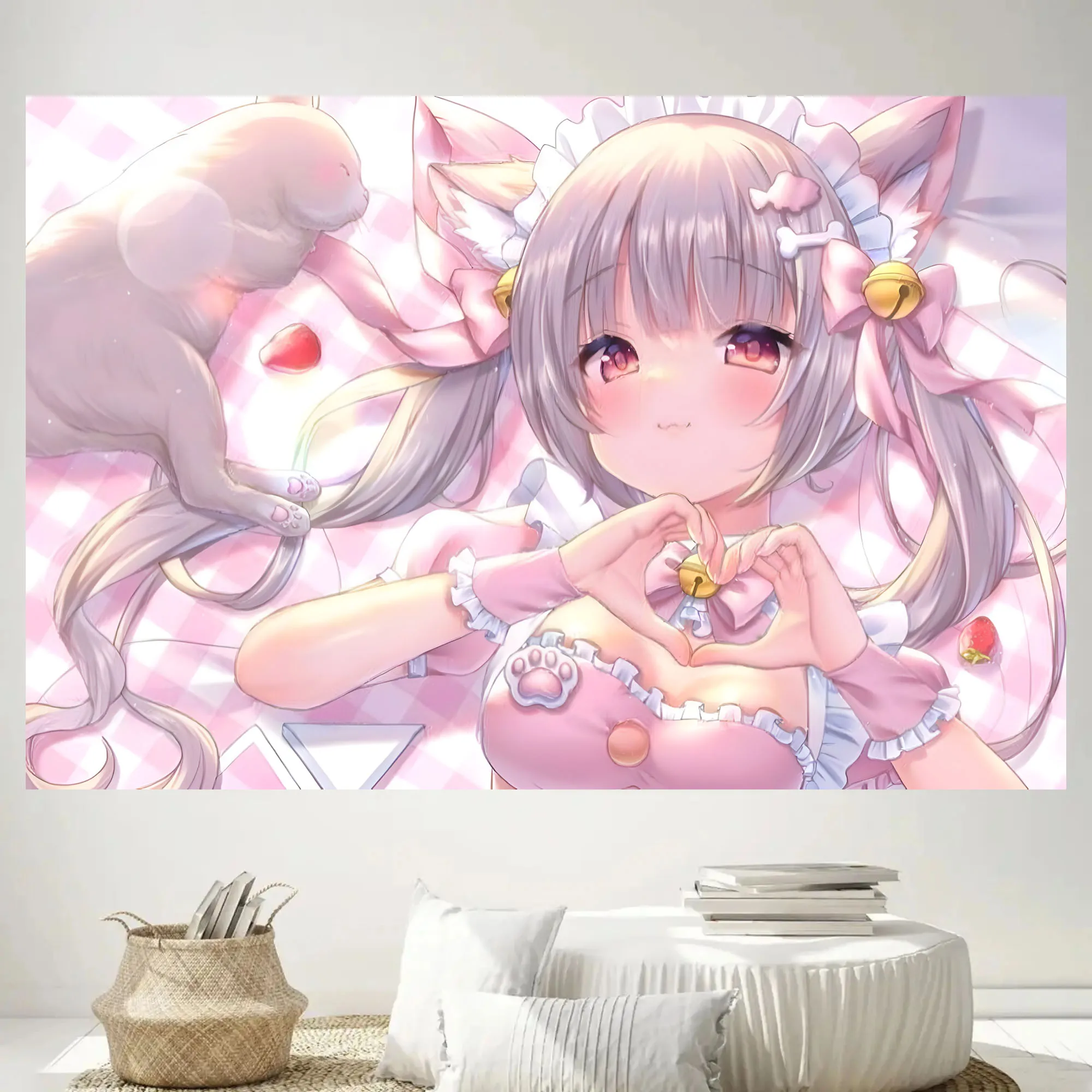 Kawaii Neko Maid Anime Girl Tapestry Pink Pastel Fox Ears Bell Bow Rabbit Strawberry Manga Wall Hanging Dorm Bedroom Decor