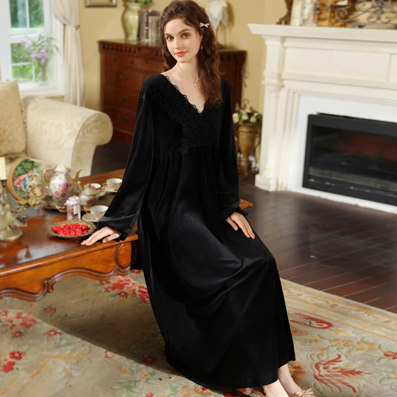 Sexy Velvet Long Night Dress Women Autumn Winter Velour Courtly Style Vintage Nightgown Sleepwear Princess Nightie