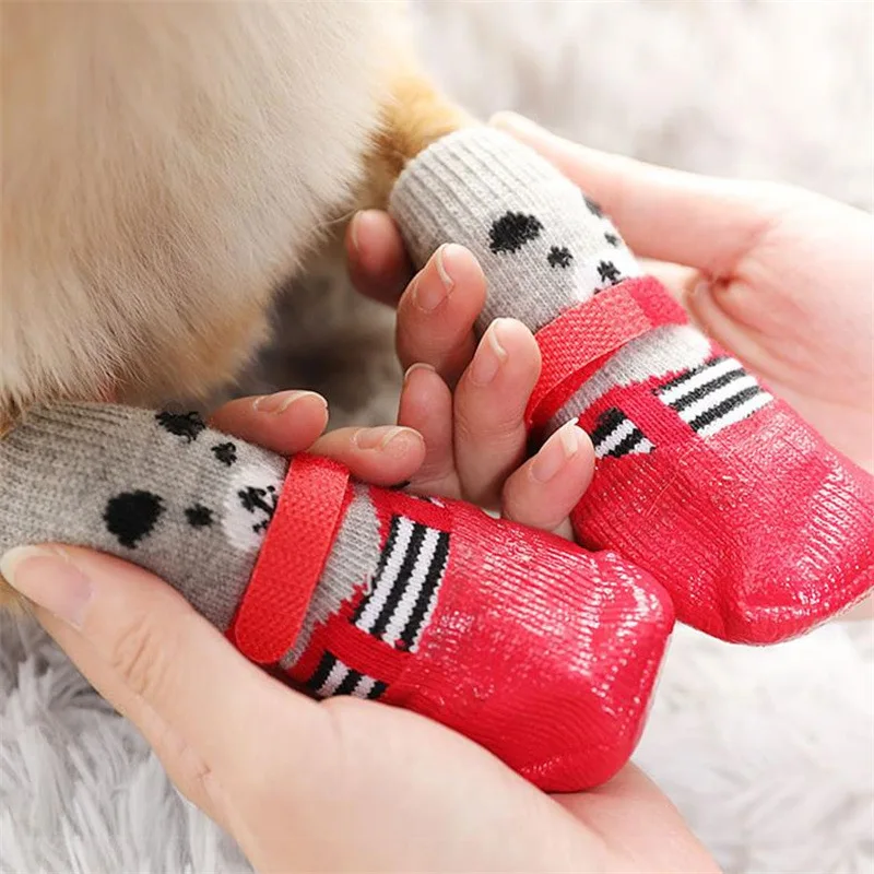 4pcs/set Cute Cotton Dog Shoes Waterproof Non-slip Rubber Cats Dogs Socks for Chihuahua Puppy Cat Rain Snow Boots Pet Products