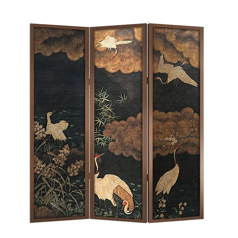 

Retro crane screen partition solid wood folding screen