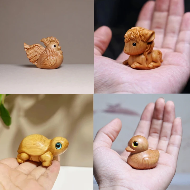 Small Wooden Animals Figurine,Cute Handmade Carving Turtle,Horse,Little Duck,Lucky Cat Statue Home Decoration,As a holiday gift