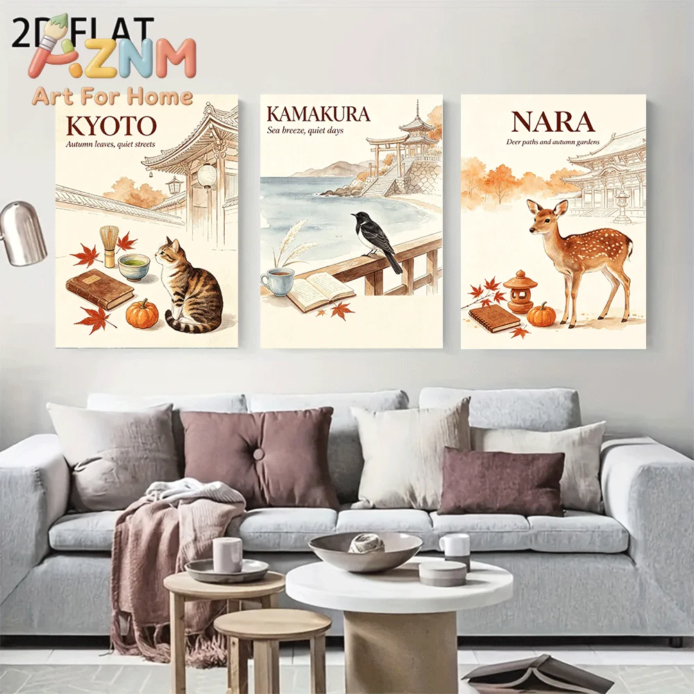 AZNM Frameless Canvas Wall Art, Watercolor Japan City Travel Print, Kyoto Kamakura Nara Cat Bird Deer Vintage Art Poster for Liv