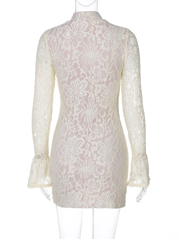 FDYOUI スタンドカラーフレアスリーブ中空アウトショートパーティークラブドレス女性のためのエレガントなレディース秋ボディコンレースイブニングドレス