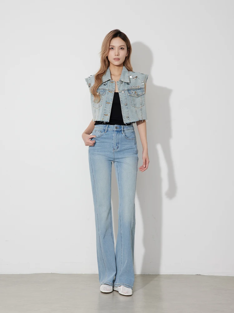 

High Waist Women's Slim Fit Bell Bottom Jeans RUGOSAM Spring Collection Distressed Splicing Cotton RB0749