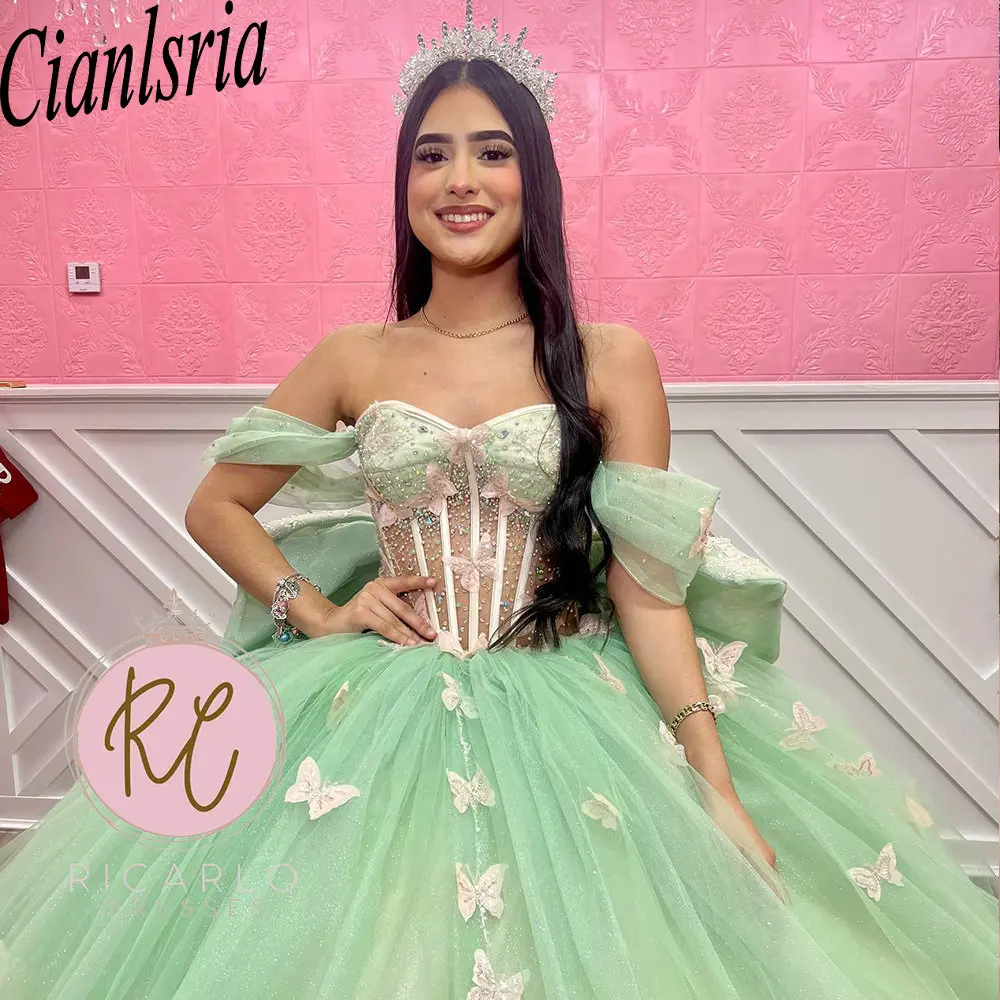 Robe de Rhpapillon en cristal perlé vert sauge 3D, robes de Quinceanera, Off The Initiated Icidal, Bow Corset, Educational, 15 ans