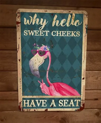 Why Hello Sweet Cheeks Flamingo  Metal Wall Sign Animal Poster
