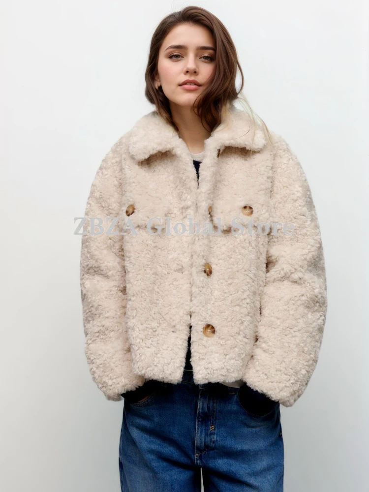 ZBZA Women Thickening Faux Shearling Jacket Coat Solid Long Sleeves Lapel Pocket Single Breasted Warm Outerwear Winter Lady Coat