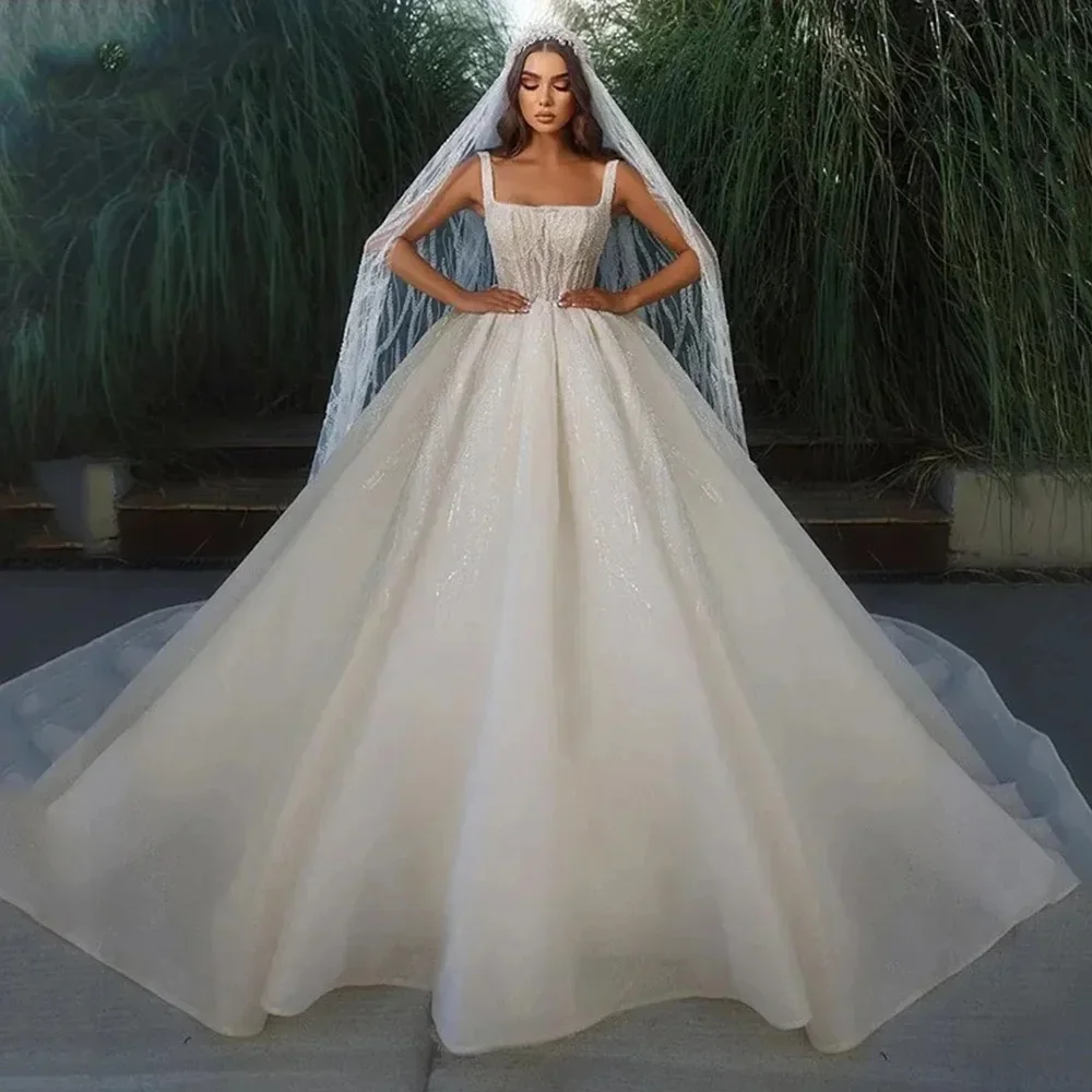 Luxurious Wedding Dresses Square Collar Sleeveless Sparkling Lace Appliques A-Line Wedding Gown Bridal Dresses   Customized