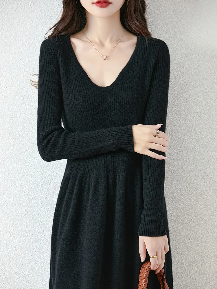 

Women Wool Sweater Dress Autumn Winter V-Neck Slim Solid Soft Pullover 100% Merino Wool Knitwear Korean Popular Clothing Tops