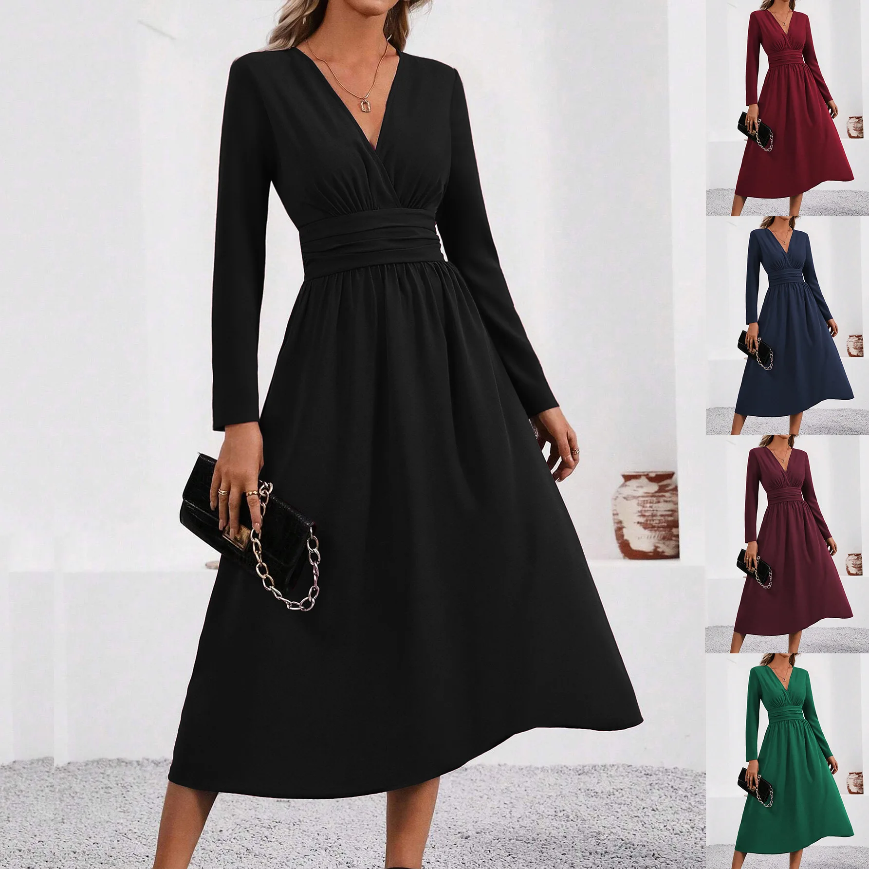 

Women's Autumn/Winter Solid Color Layered V-Neck Dress - Waist Pleated Slim Fit Elegant Long Sleeve Gown