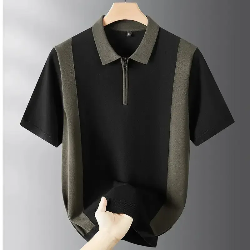 Men's Loose Fit Contrast Color Polo Shirt with Half Zip Collar Short Sleeve Casual Top for Summer Daily Wear — купить у AliExpress WW