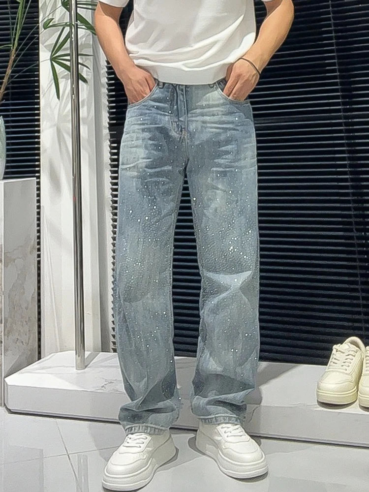 

Fashionable Starry Night Rhinestone Men's Jeans Straight Leg Loose Fit Summer Trendy Versatile Long Trousers Casual Cotton