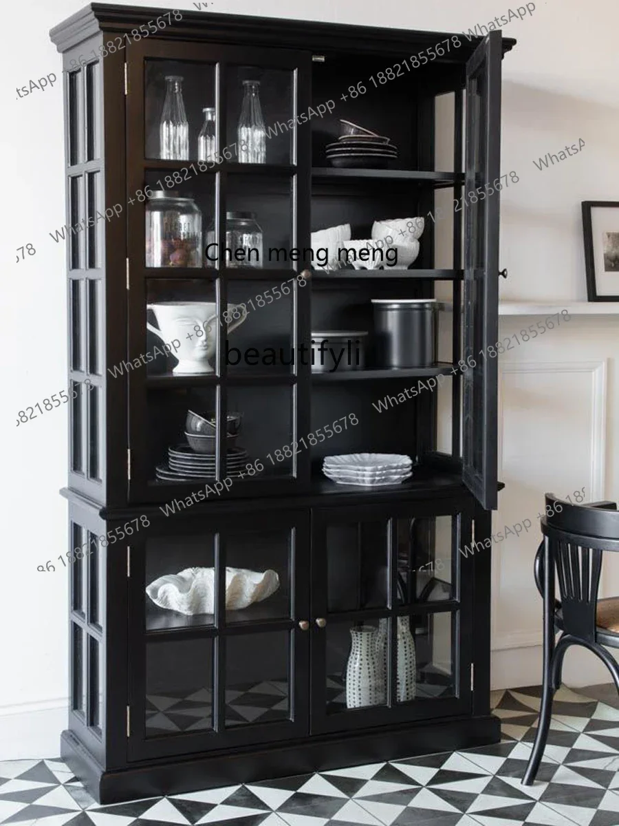 xxqAmerican-Style Solid Wood Bookcase Retro Medieval Traditional Glass Window Display Dining Side Wine Cabinet