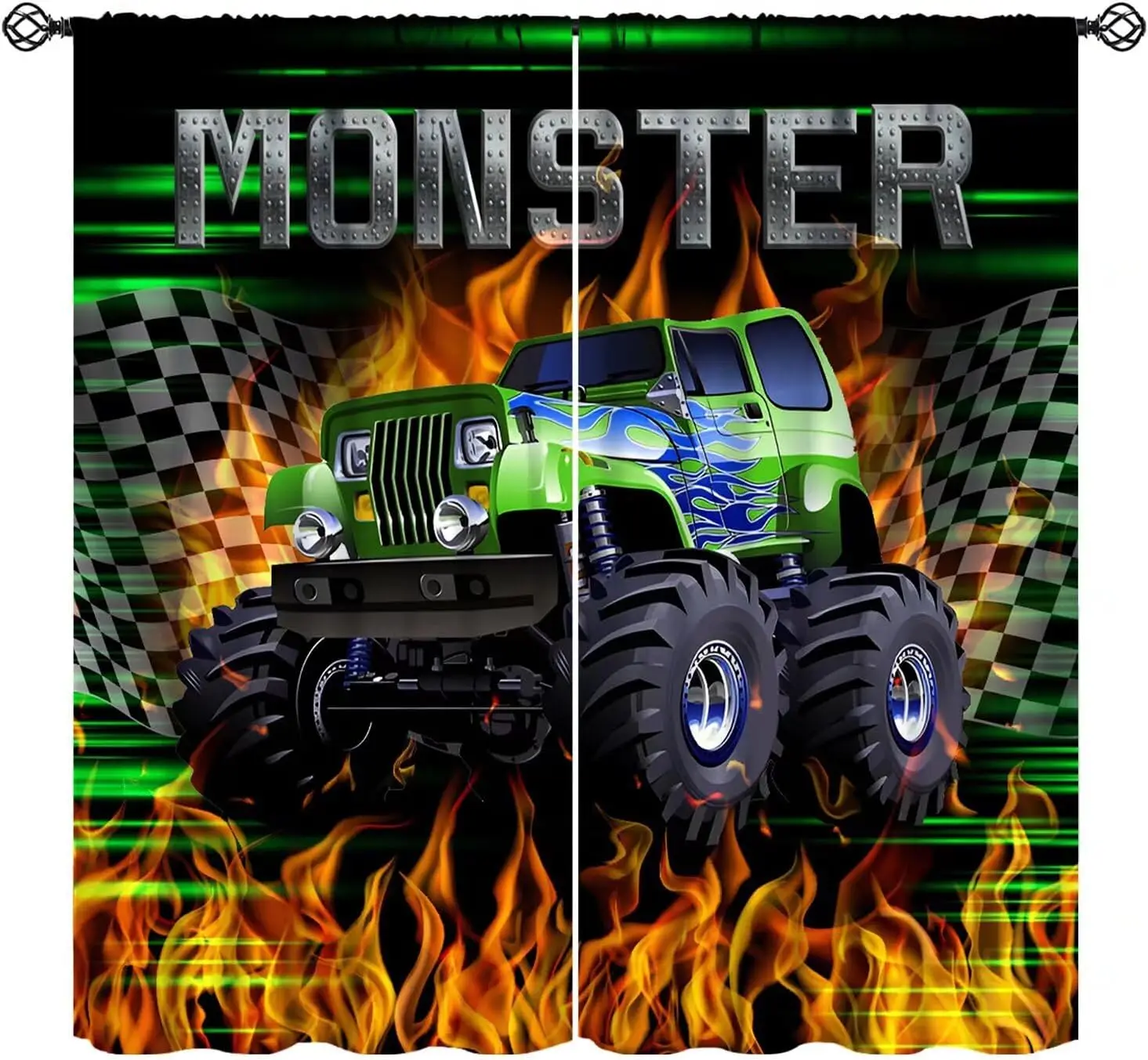 Cartoon Green Truck Curtains, Burning Flame Monster Truck Racing Flag Print Window Treatments Curtains for Boys Bedroom Playroom