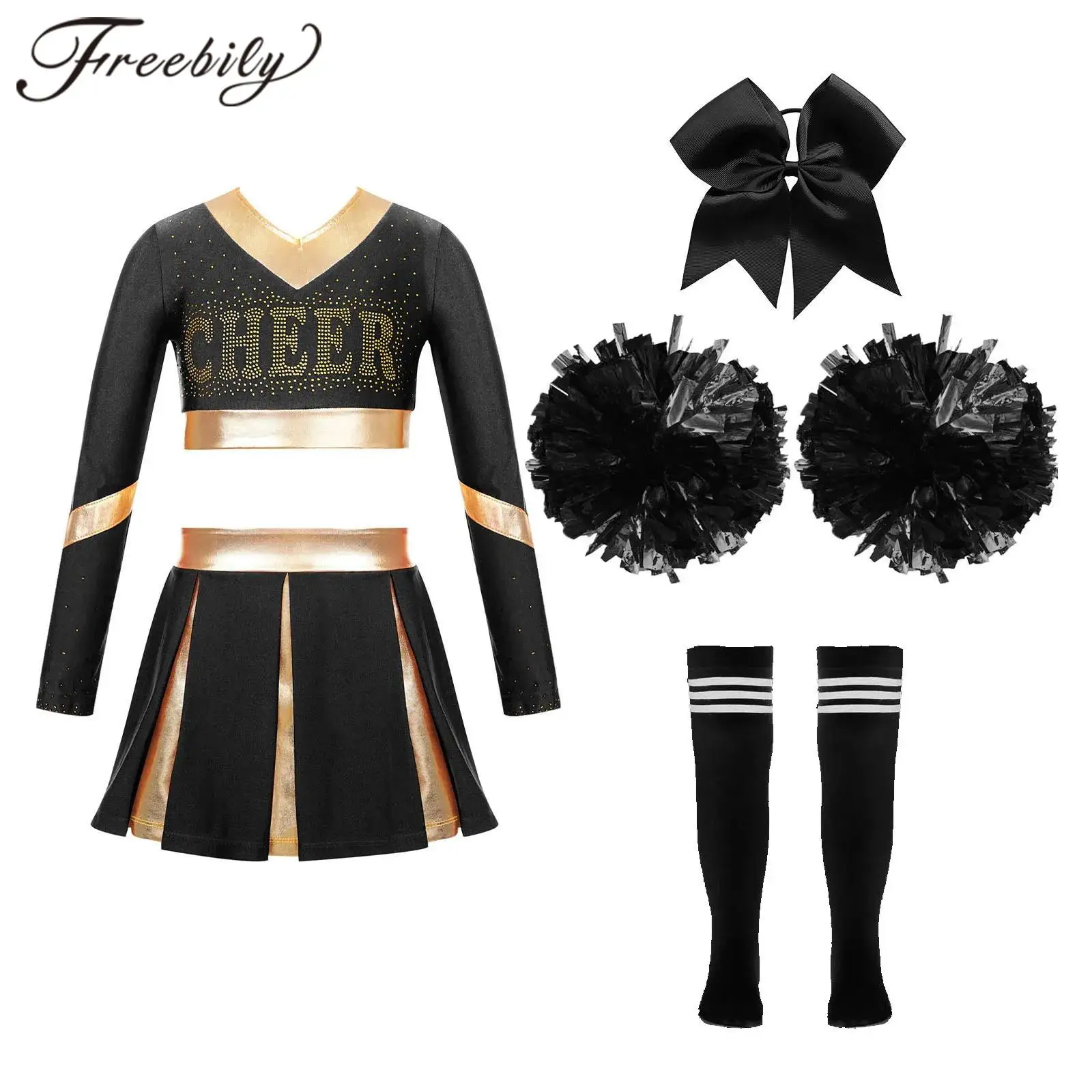 

Kids Cheerleading Costumes School Girls Halloween Cosplay Performance Set with Flower Balls for Cheer Dance Competition Uniform