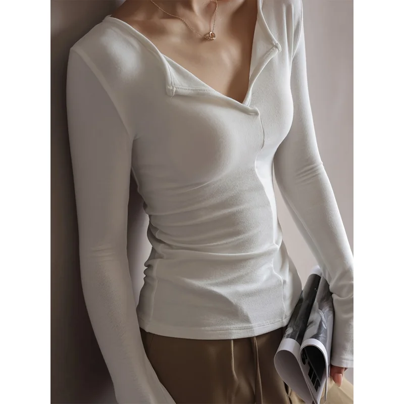 European and American Spring and Autumn Fashion Collar V-neck French Advanced Slim Fit Exterior Knitted Long Sleeve Base