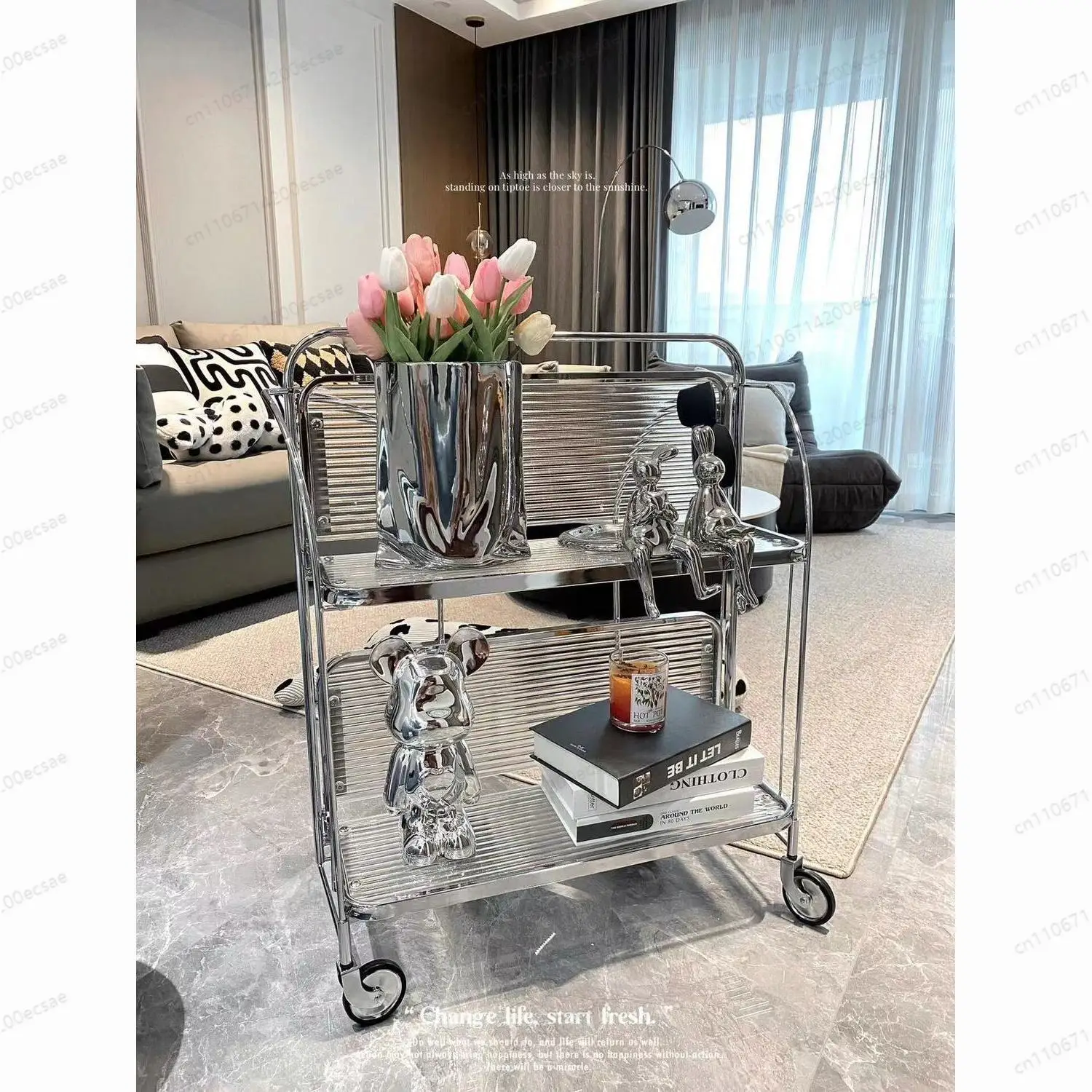 Medieval Style Foldable Mobile Glass Cart | Ins Wind Flower Stand, Dining Trolley, Internet Celebrity Transparent Four-Wheeler