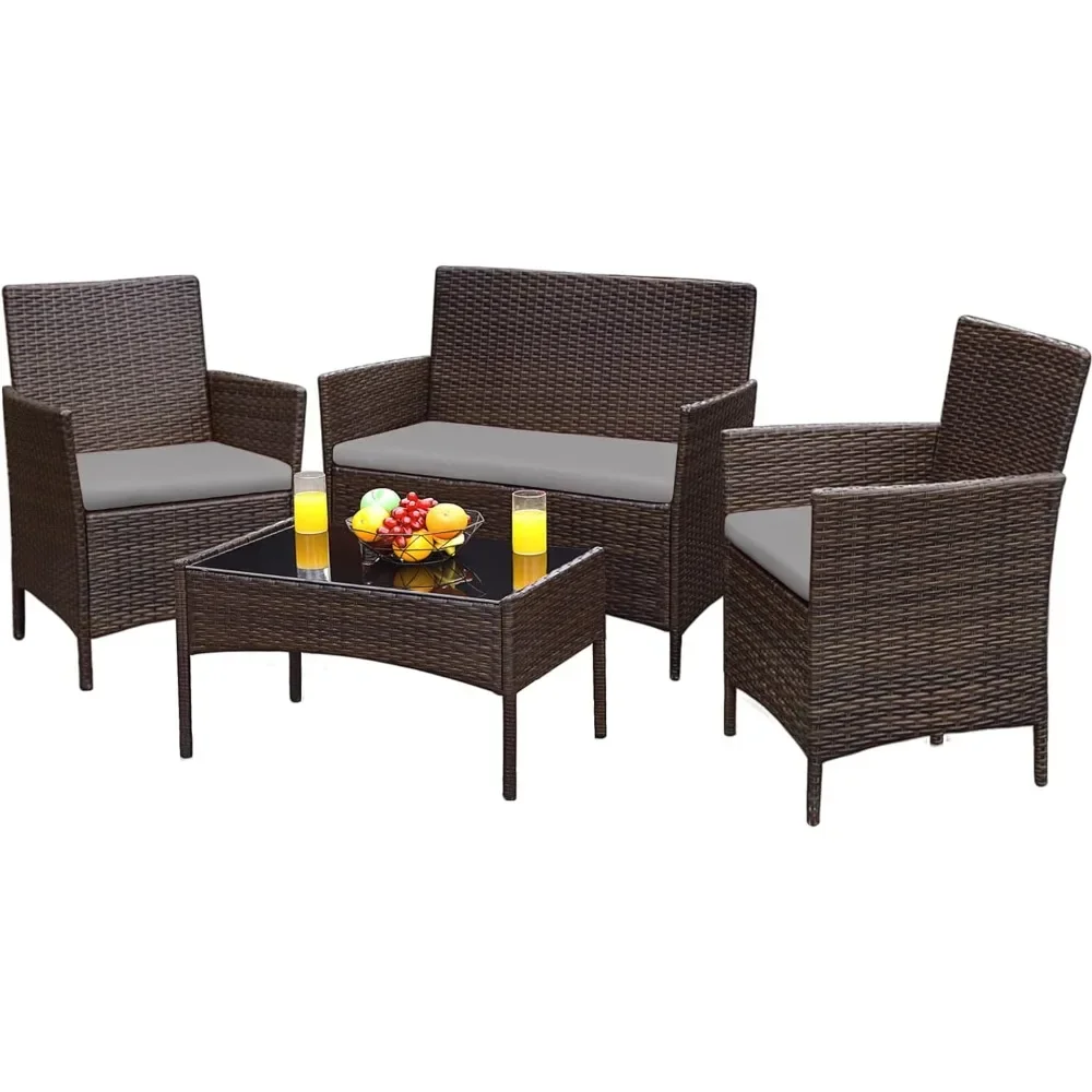 

Patio Furniture 4 Pieces Sets Outdoor Wicker Rattan Chairs Garden Backyard Poolside loveseat with Soft Cushion and Glass Table