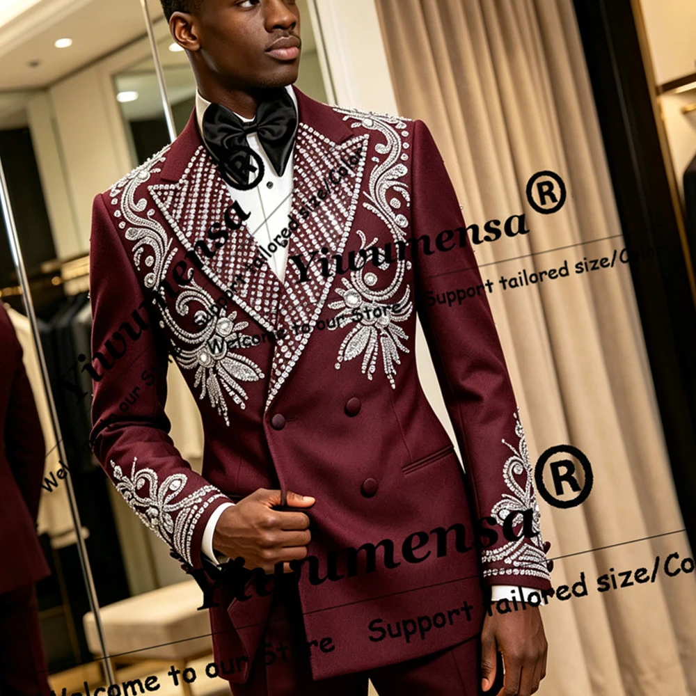 Luxury Beaded Stones Suits Men For Wedding 2 Pieces Sets Single Breasted Prom Blazers Customized Man Dinner Banquet Tuxedos 2027