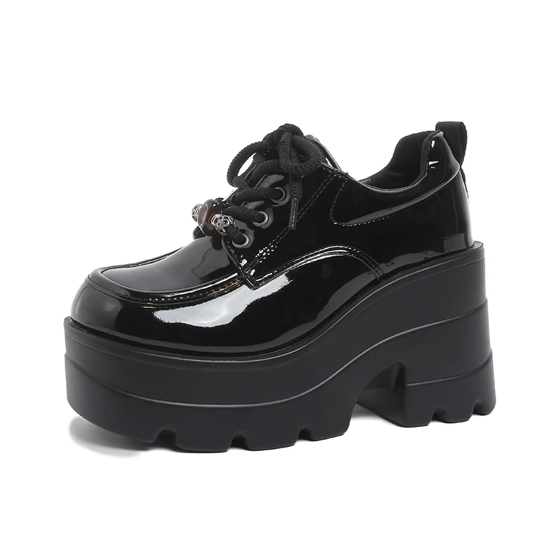 

8.5cm Spring New Women's Shoes Heavy Metal Thick Bottom High Top Punk Leather Shoes Gothic Dark Motorcycle Boots Trend