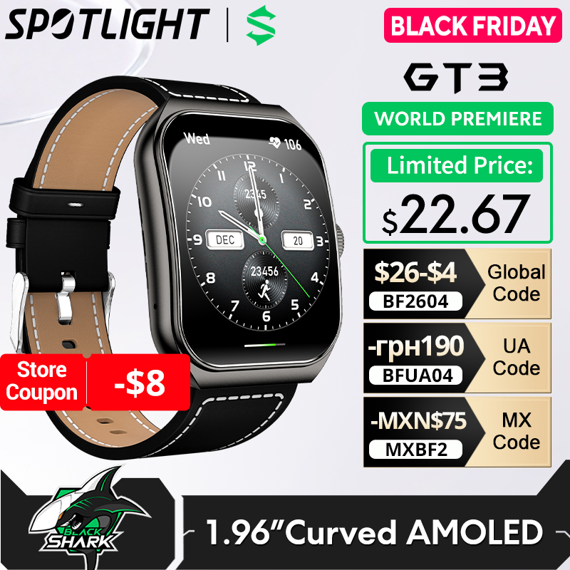  [World Premiere]Global Version BLACKSHARK GT3 Smart Watch Support Bluetooth Call 100+ Sport Modes 1.96'' Curved Amoled Display 