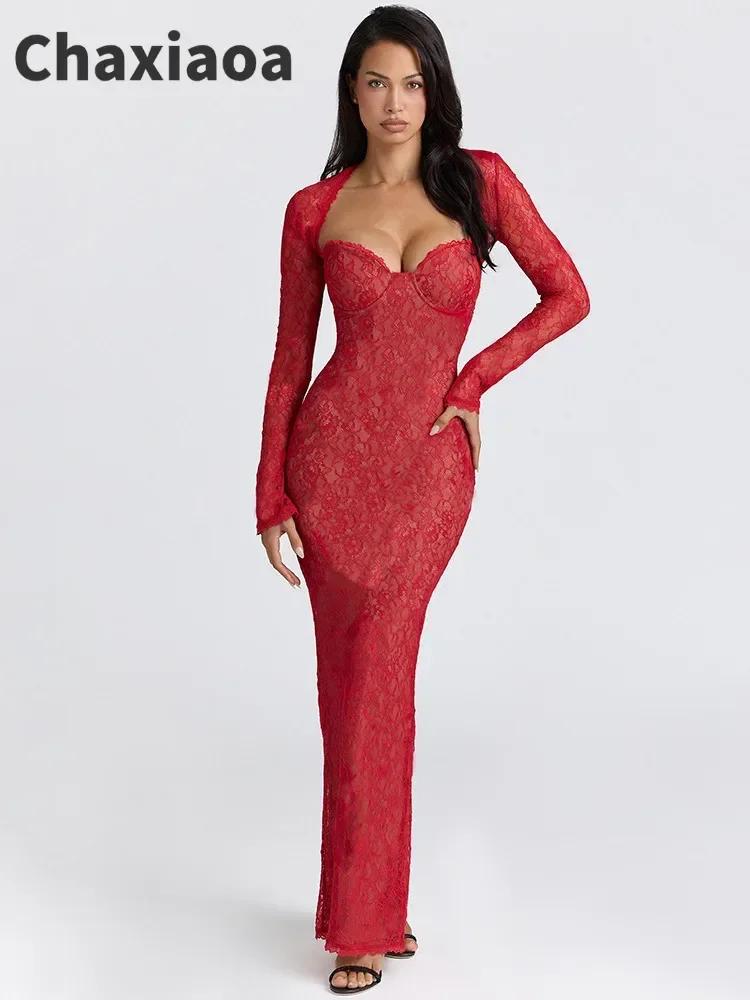 Chaxiaoa Elegant Lace Sheer Shawl Long Sleeve Top Two-Piece Set Women Sexy Tight Mermaid Dress Winter Party Club Evening Dress