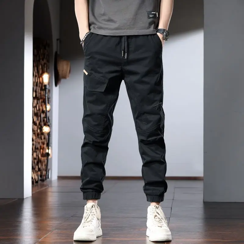 Spring Autumn Fashion Corduroy Solid Men's Clothing Elastic Waist Bound Feet Pockets Korean Thin Style Drawstring Casual Pants