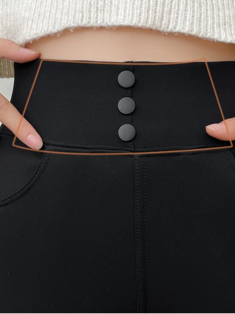 カシミヤ製暖かい黒パンツ レディースファッション ハイウエストフィットレギンス 2025秋冬新作 スリム厚手パンツ