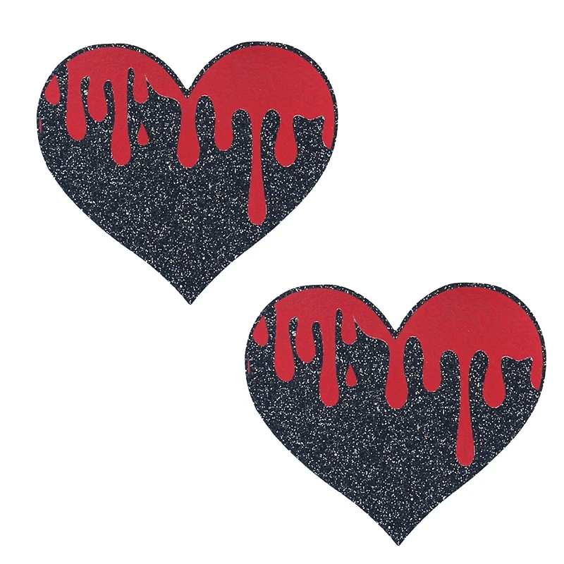 10 أزواج غطاء الحلمة أسود أحمر النار الدم طباعة شكل قلب الساتان Gleit المتاح تنفس الشريط تراكب الصدرية الحلمة ملصقات