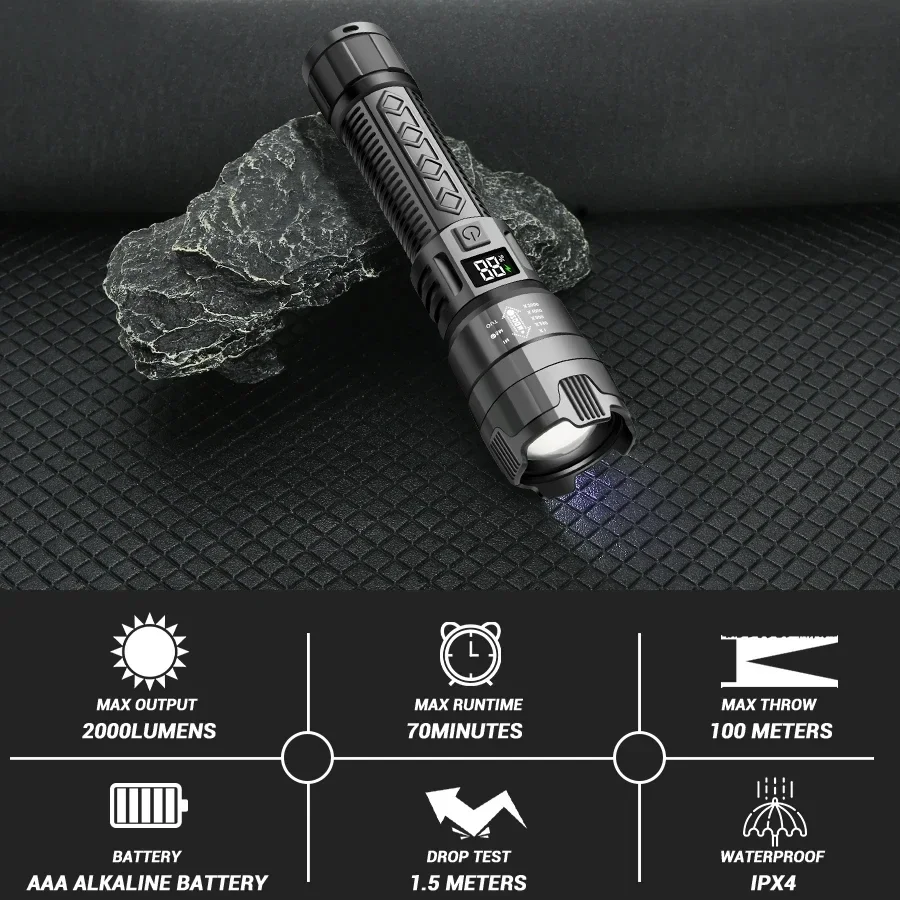 Super Bright 2000LM LED Flashlight USB Rechargeable Zoom Tactical Torch with Power Display Camping Fishing Emergency Lantern