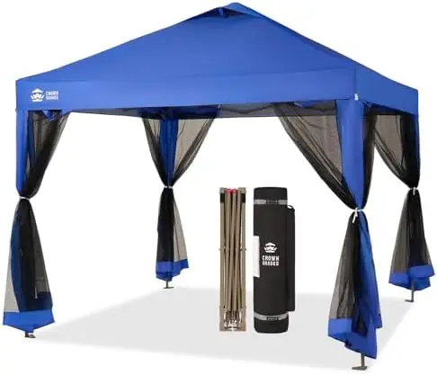 Gazebo 10x10 Pop Up Canopy with Mosquito Netting, Blue | Screen Tent with 4 Ropes, 8 Stakes, 4 Sandbags and Wheeled