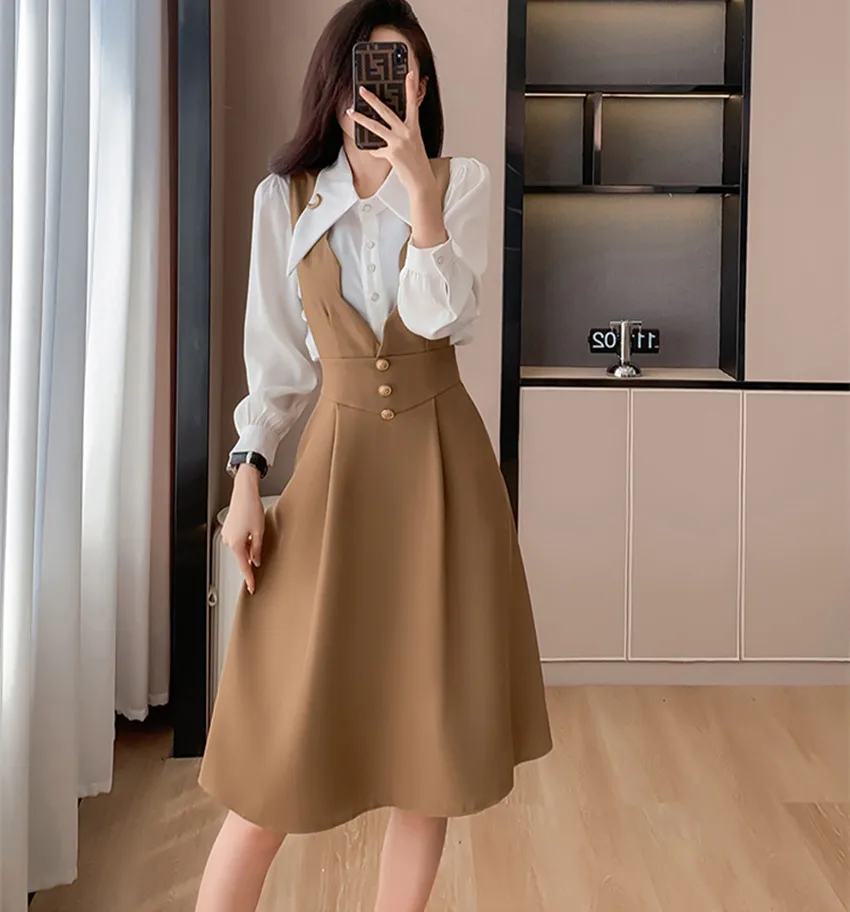 High Quality Autumn Office Ladies 2 Piece Set Fashion Women Lapel Single Breasted White Shirt + Sleeveless Vest Knee Dress Suits