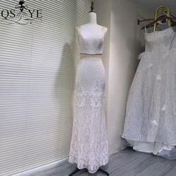 Baby Pink Ankle Length Prom Dresses Shoulder Straps Hollow Out Waist Woman Evening Gown White Sequined Pattern Lace Girls Dress