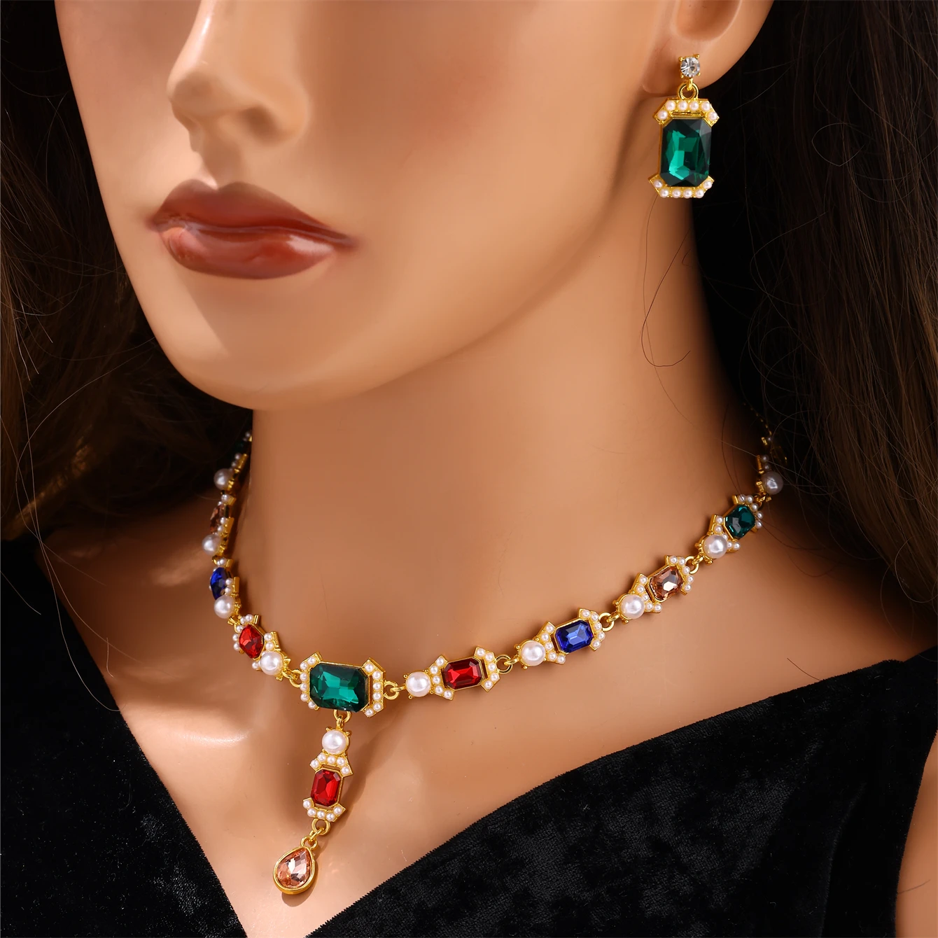 

An Elegant Bride Rhinestone Necklace Earring Set Arab Ladies Party Holiday Wearing Jewelry Fake Pearl Inlaid Neck Chain